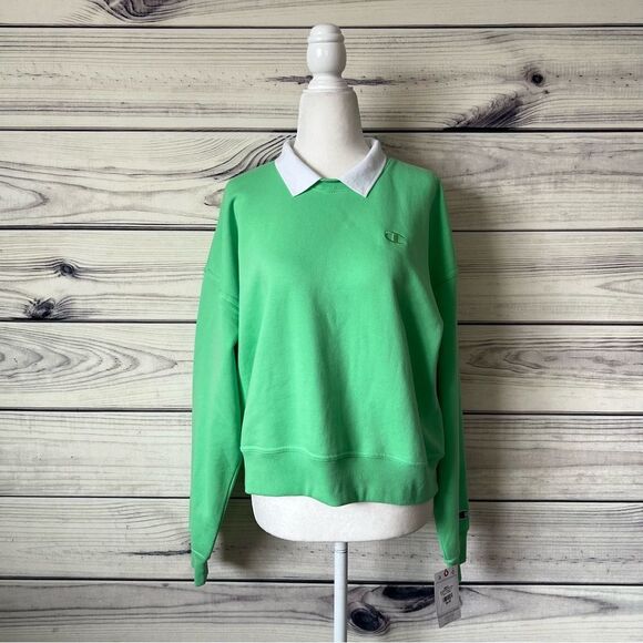 Champion Lime Green Vintage Inspired Collared Crewneck Sweatshirt - Picture 1 of 11